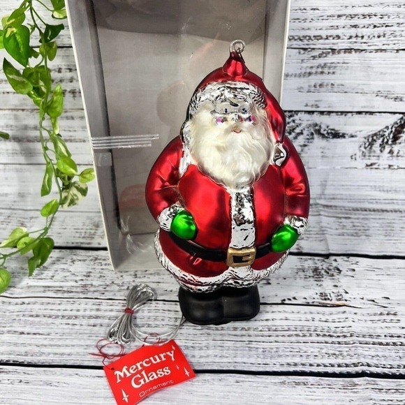 Vintage Department 80 Mercury Glass St. Nick Santa 9" Ornament Handpainted w Box - Picture 3 of 15